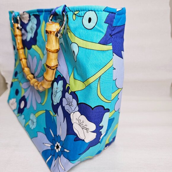 Handbag Blue Tropical Floral Fabric Summer Bamboo Handles Rachel & Co NY - Picture 5 of 9
